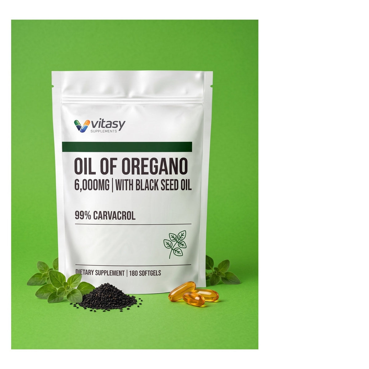 Vitasy Oil of Oregano softgels pouch on a green background