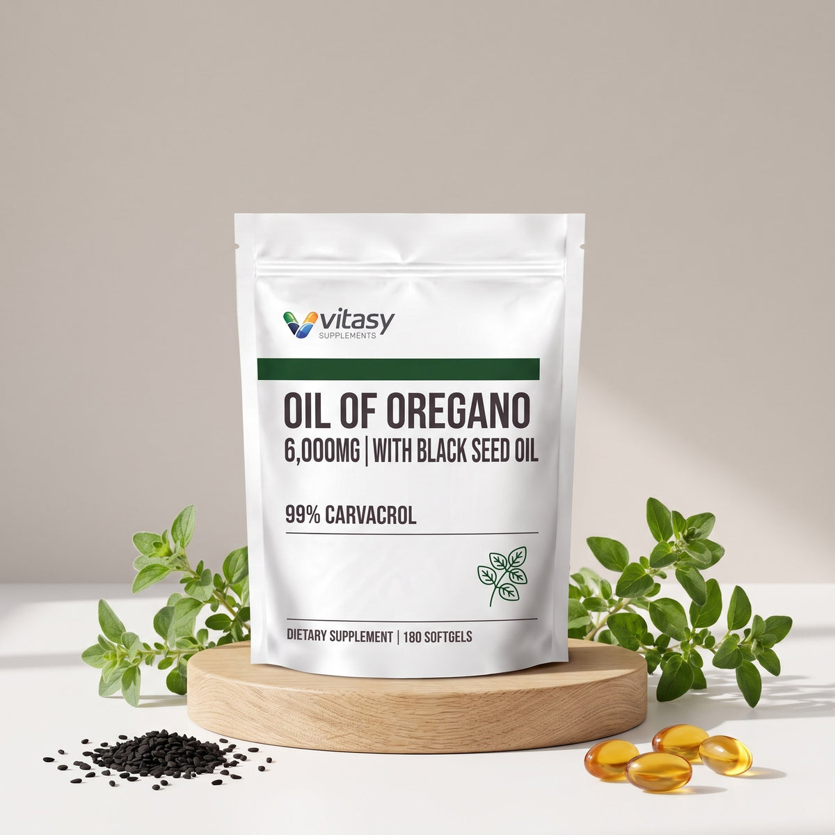 Vitasy Oil of Oregano pouch on a wooden podium with oregano, black seeds and softgels
