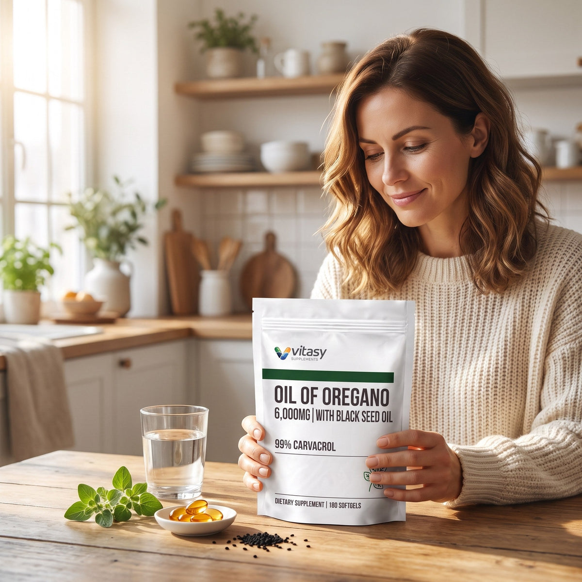 Woman at a kitchen table with the Vitasy Oil of Oregano pouch