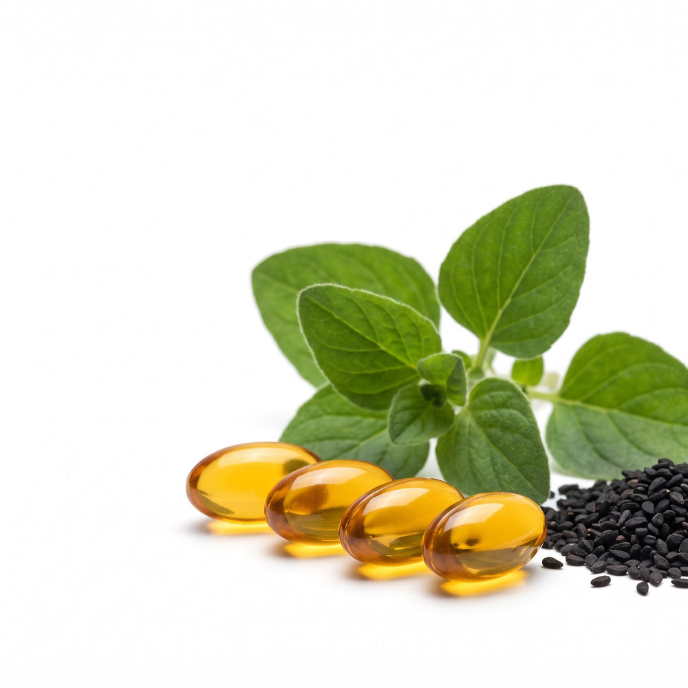 Oregano leaves, black seeds and amber softgels