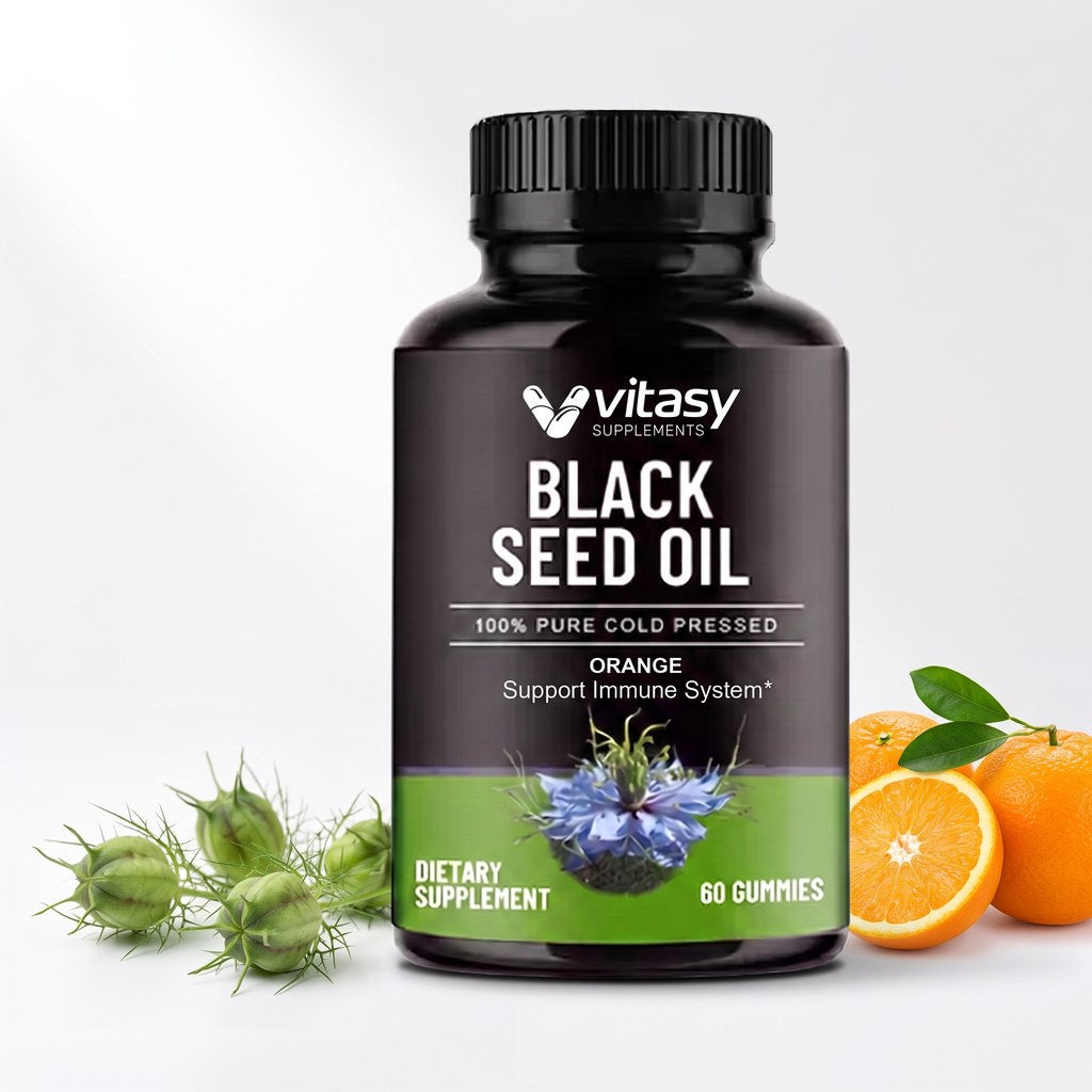 Black Seed Oil Gummies Instead of Oil or Capsules - Strawberry, Orange, Blueberry & Cherry - 1000mg Cold Pressed Per Serving - 60 Gummies