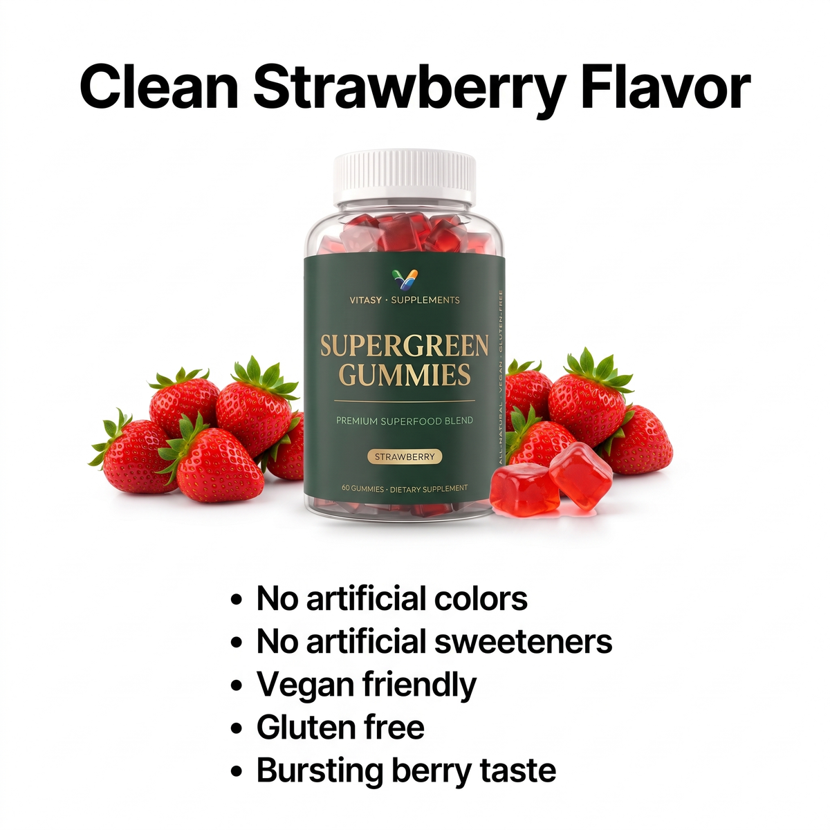Supergreen Gummies v9 — Clean Strawberry Flavor