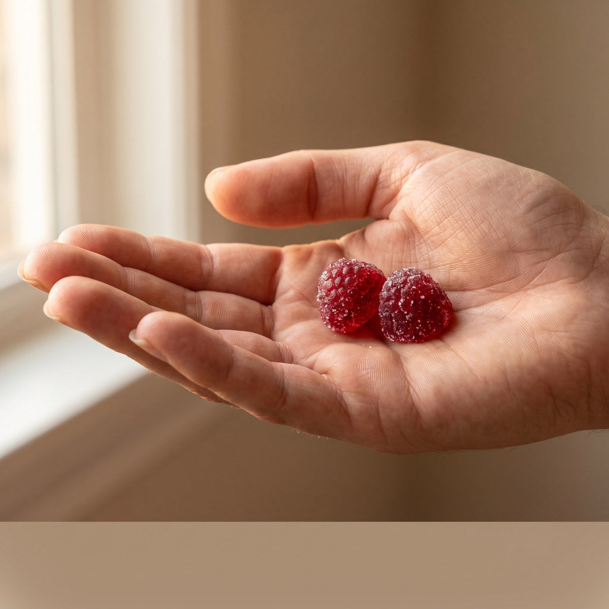 Hand holding two red mixed berry saffron gummies