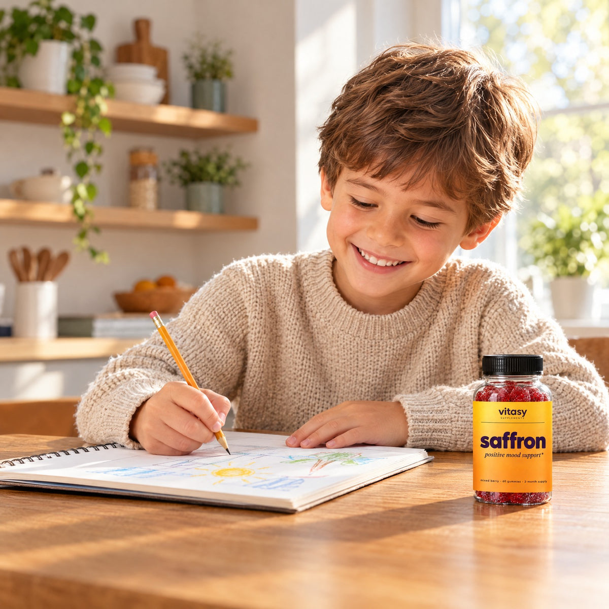 Smiling boy drawing at the kitchen table with a bottle of Vitasy Saffron Gummies beside him