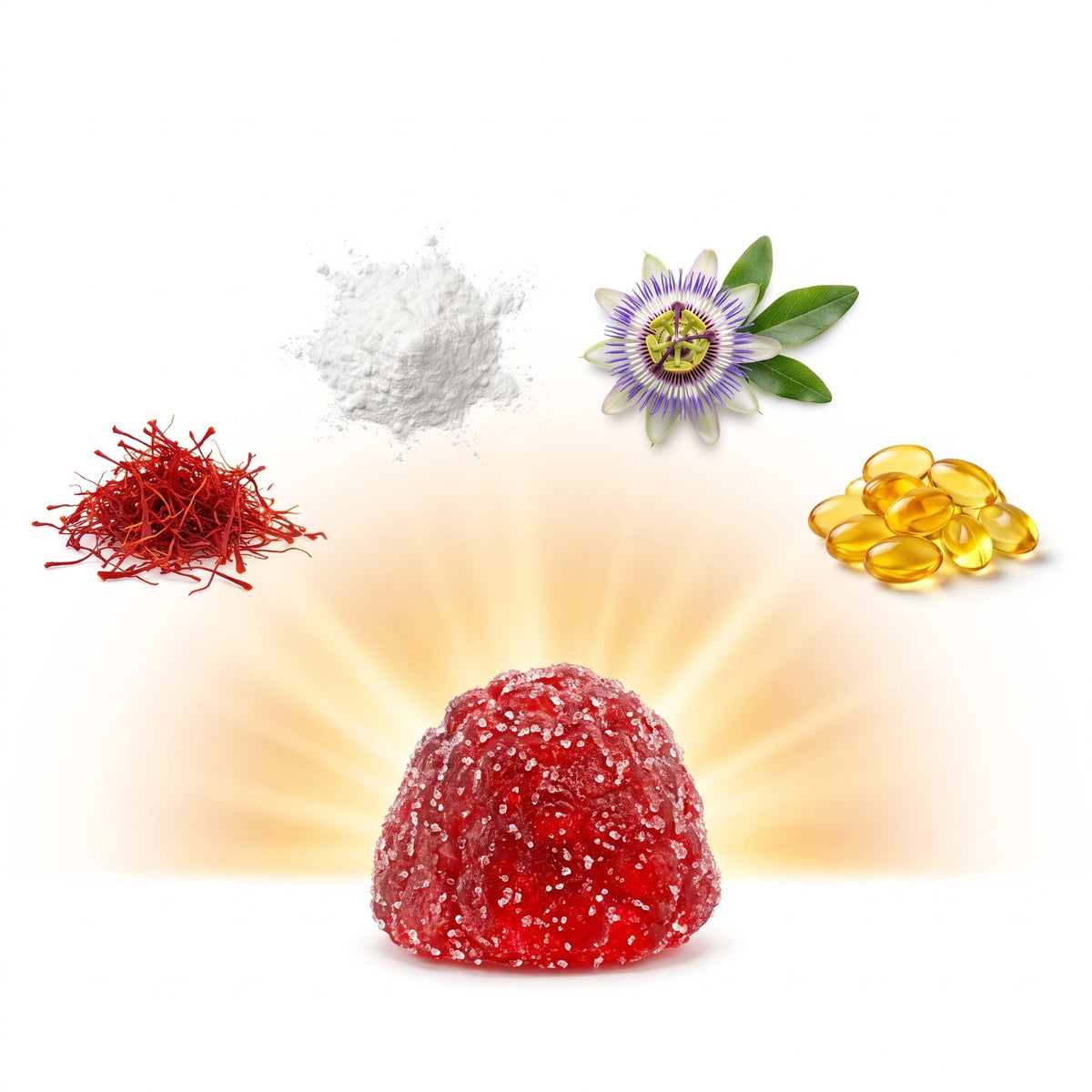 A mixed berry saffron gummy with saffron threads, vitamin C, vitamins B6 and B12 and vitamin D3