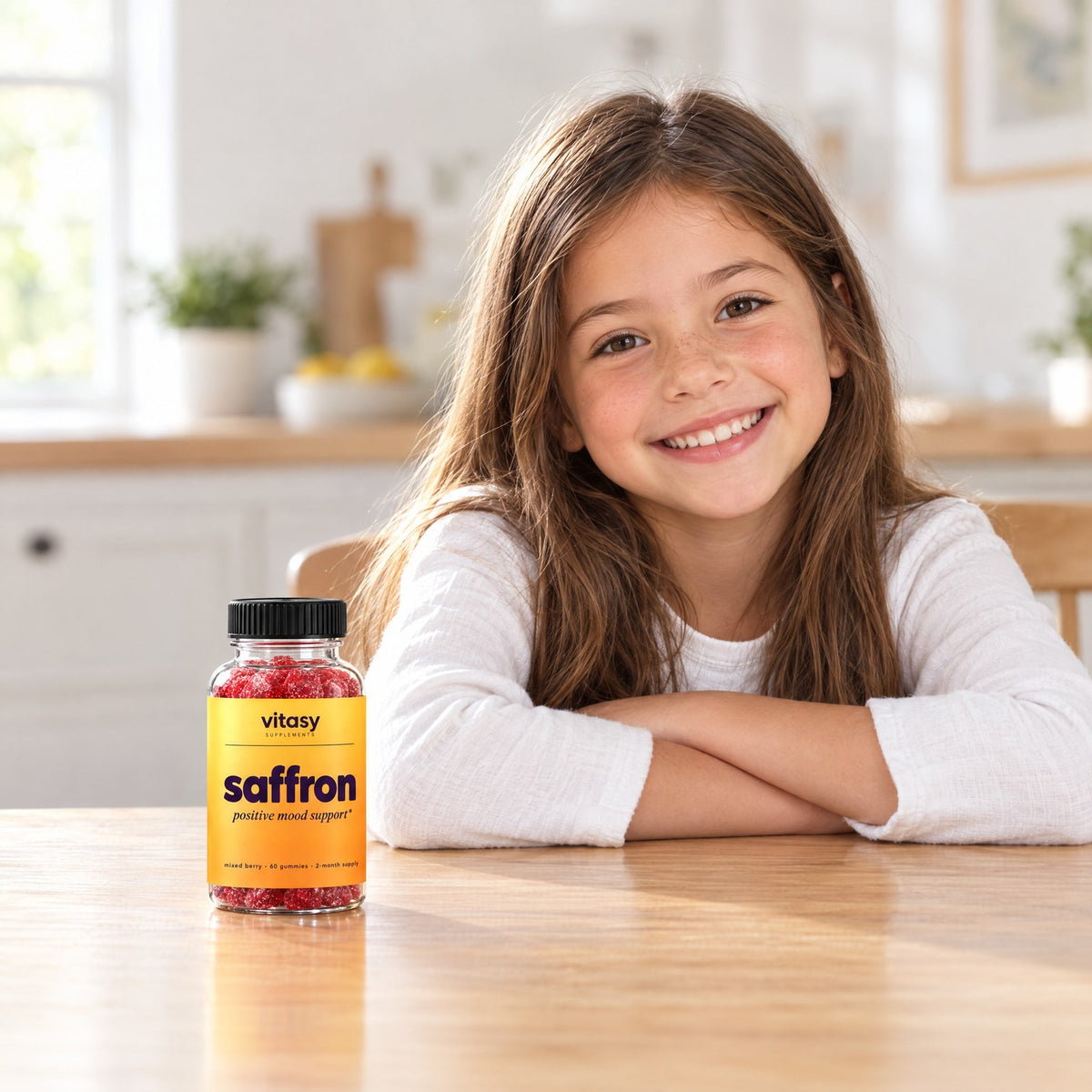 Happy girl at the kitchen table next to a bottle of Vitasy Saffron Gummies