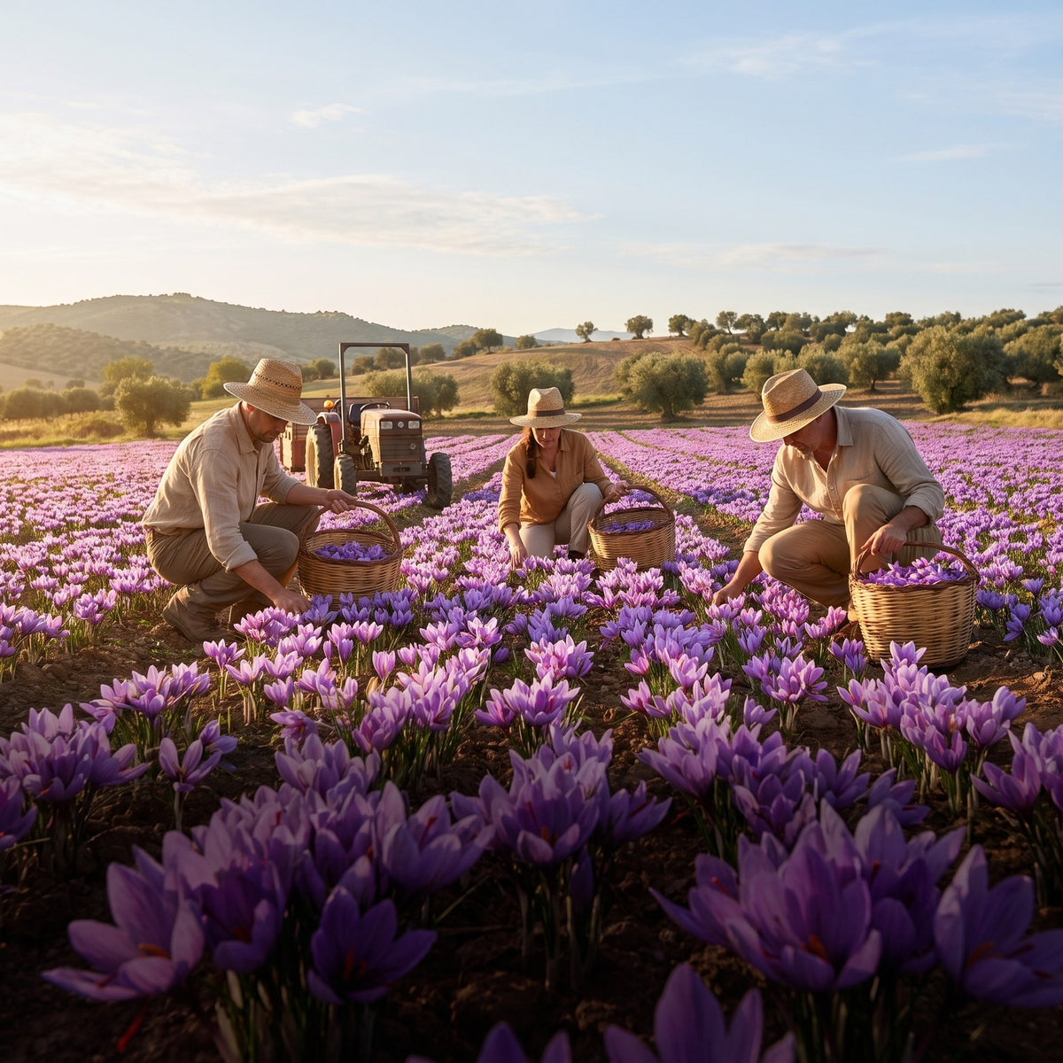 Saffron crocus field at harvest time with an inset of saffron threads