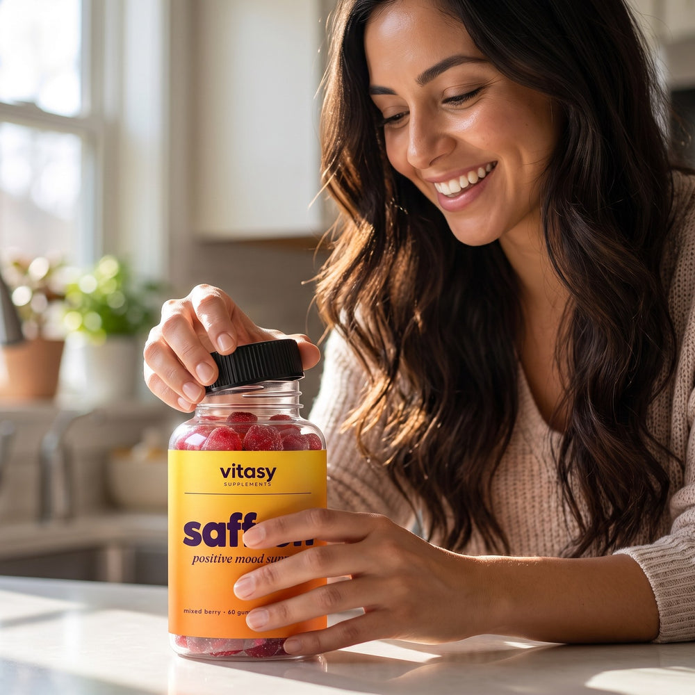 Mother opening a bottle of Vitasy Saffron Gummies at the kitchen counter