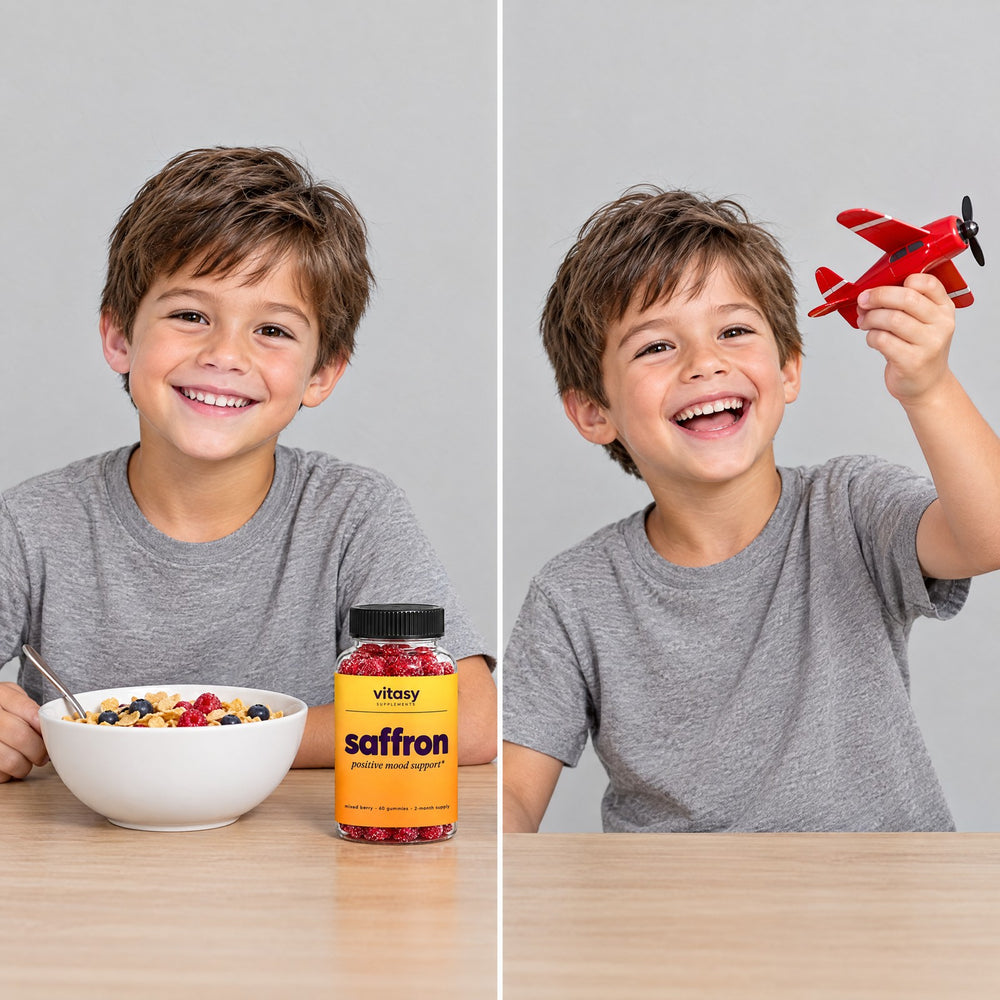 The same smiling boy at breakfast with Vitasy Saffron Gummies and laughing at playtime