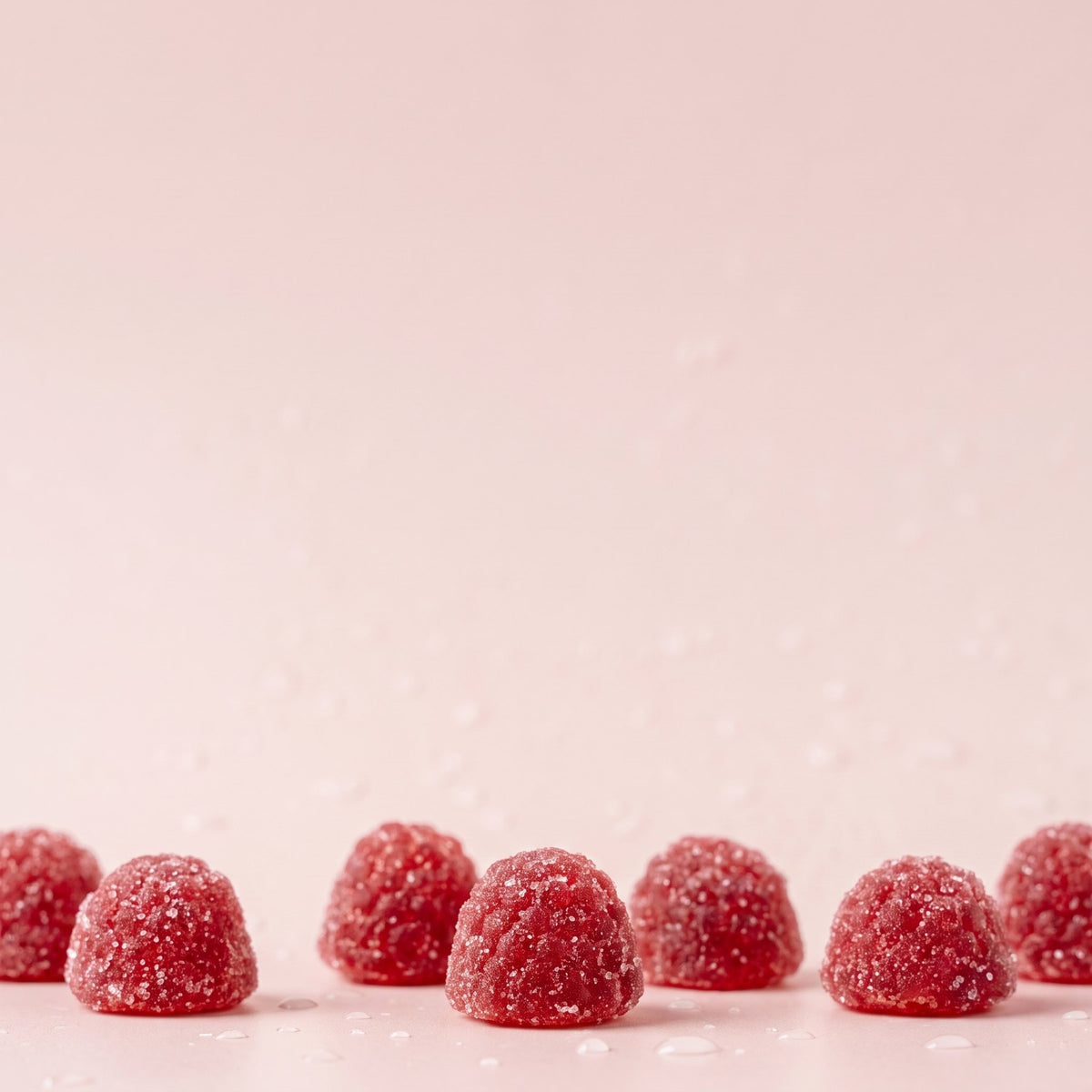 Soft pink background with mixed berry gummies