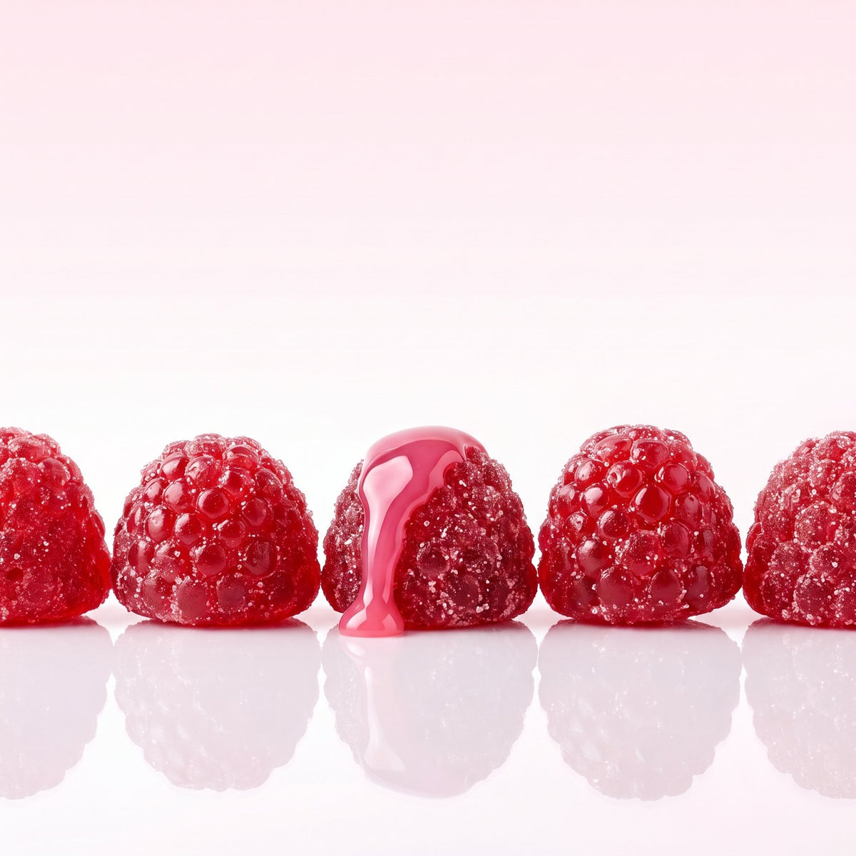 Row of glossy red mixed berry gummies