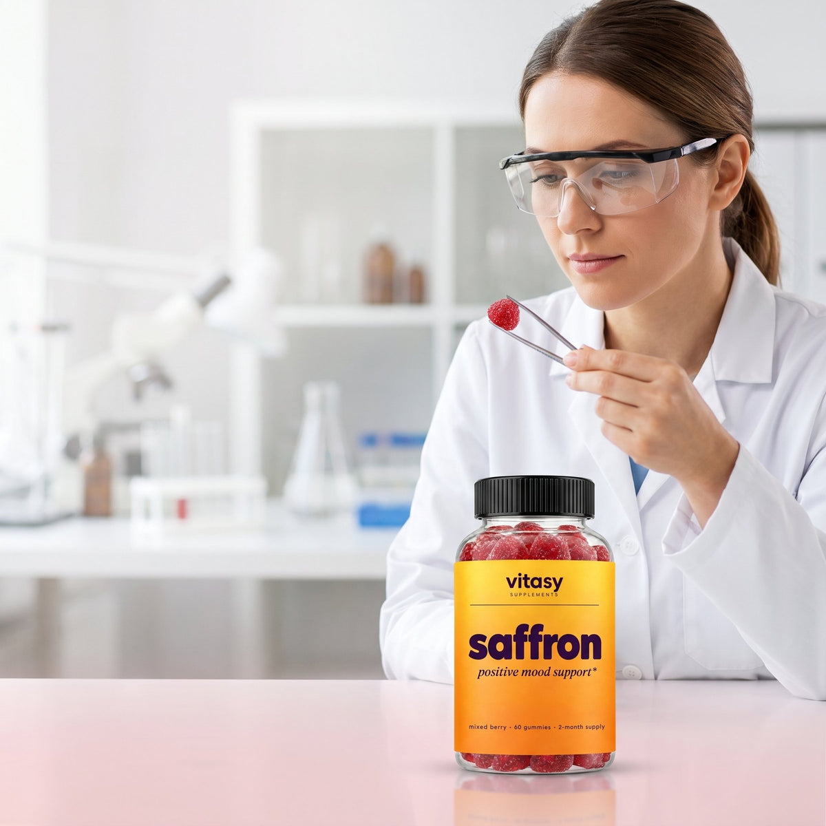 Scientist in a lab holding a mixed berry gummy with tweezers next to a bottle of Vitasy Saffron Gummies