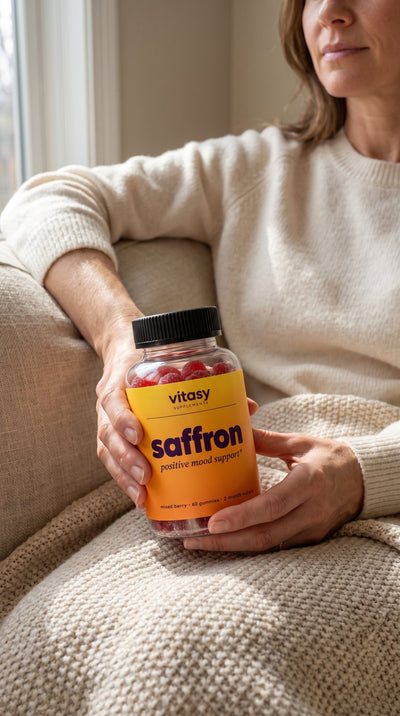 Woman on a sofa holding Vitasy Saffron Gummies