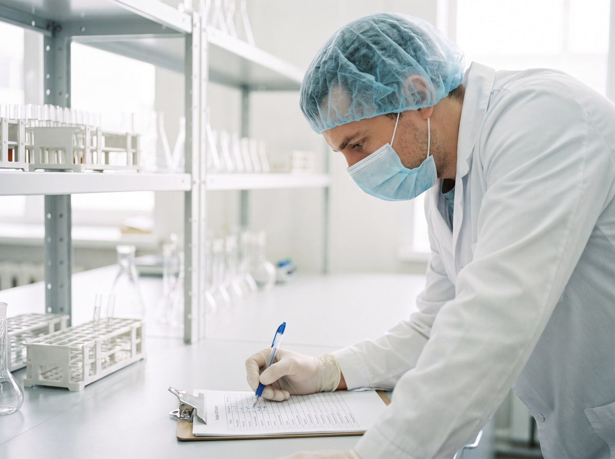 Scientist taking notes in a quality-control lab
