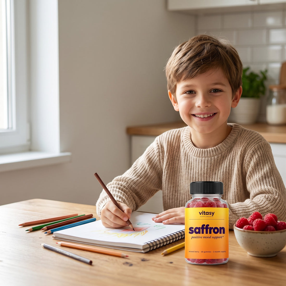 Smiling boy drawing at the kitchen table next to a bottle of Vitasy Saffron Gummies