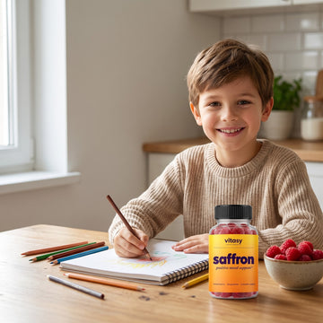 Smiling boy drawing at the kitchen table next to a bottle of Vitasy Saffron Gummies