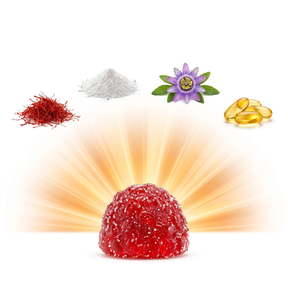 Saffron, vitamin B12, manuka honey and vitamin D3 around a mixed berry gummy