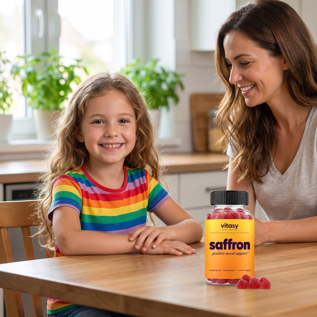 Smiling girl at the kitchen table with her mother and a bottle of Vitasy Saffron Gummies