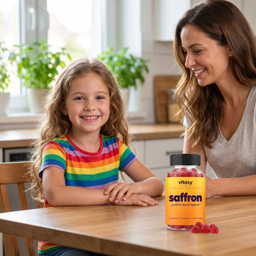 Smiling girl at the kitchen table with her mother and a bottle of Vitasy Saffron Gummies