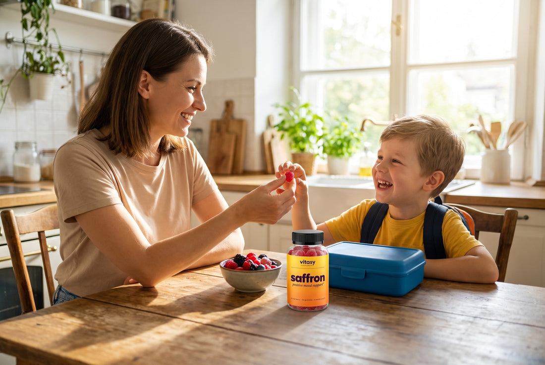 Mother handing her son a gummy at the kitchen table in the morning