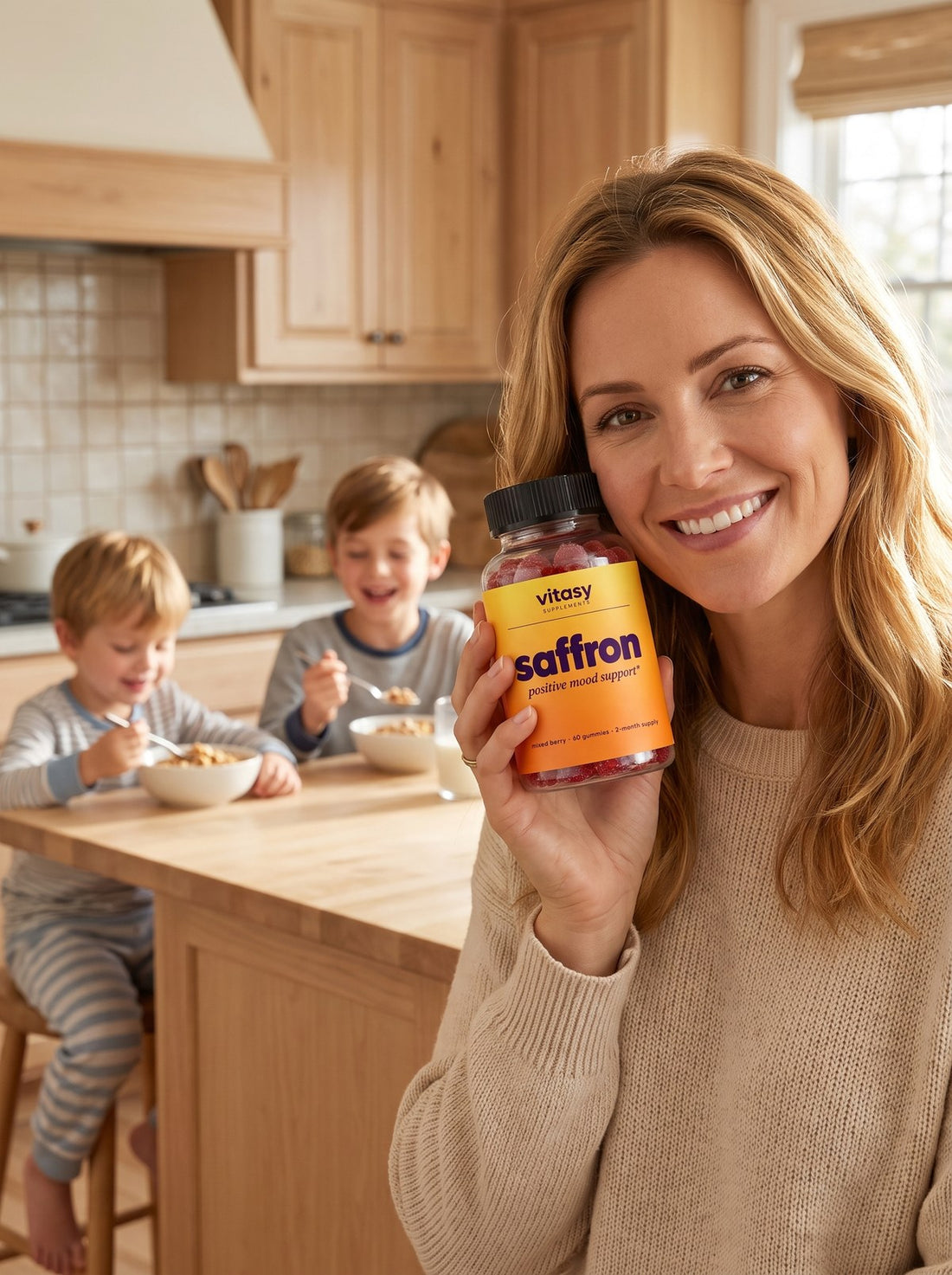 Mom in her kitchen holding a bottle of Vitasy Saffron Gummies while her kids eat breakfast