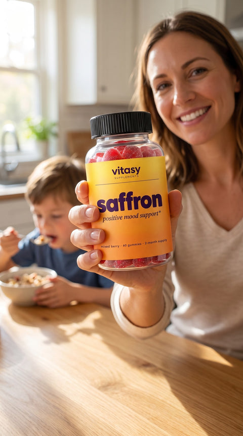 Mom holding a bottle of Vitasy Saffron Gummies in the kitchen while her son eats breakfast