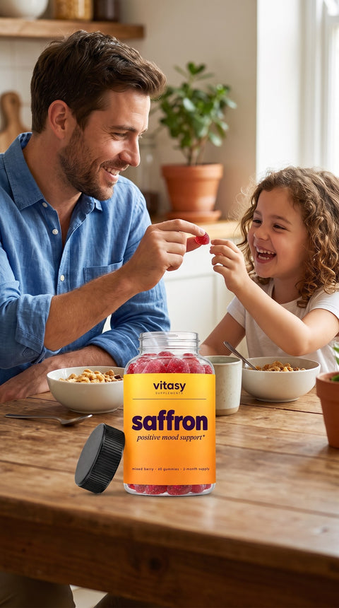 Dad handing his daughter one berry gummy at the breakfast table