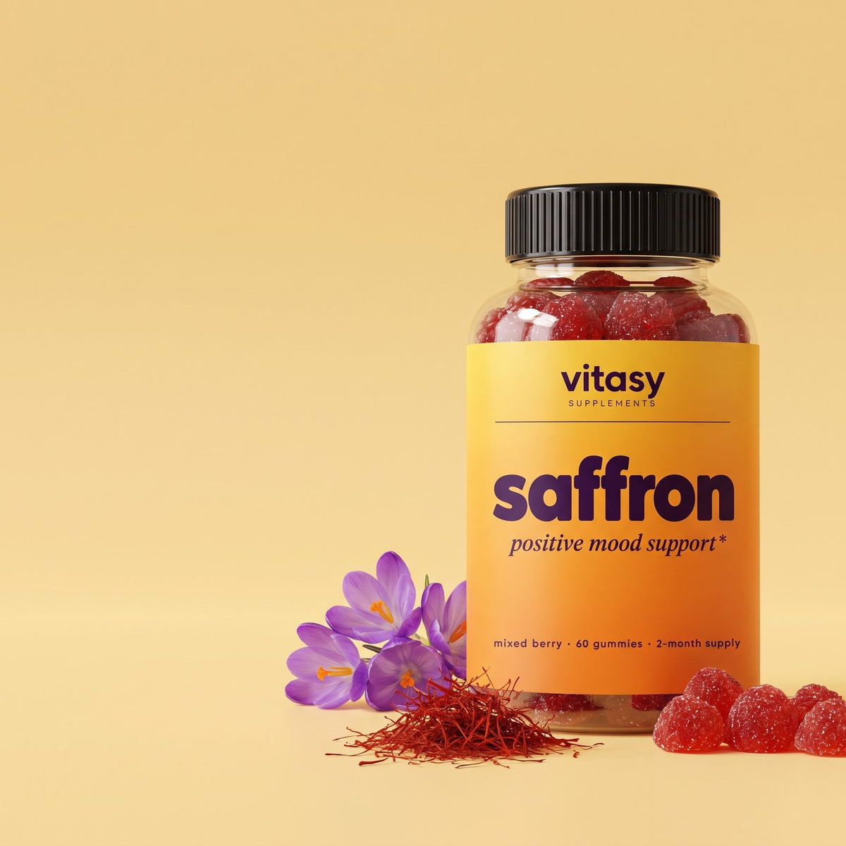 Vitasy Saffron Gummies bottle with saffron threads and berry gummies