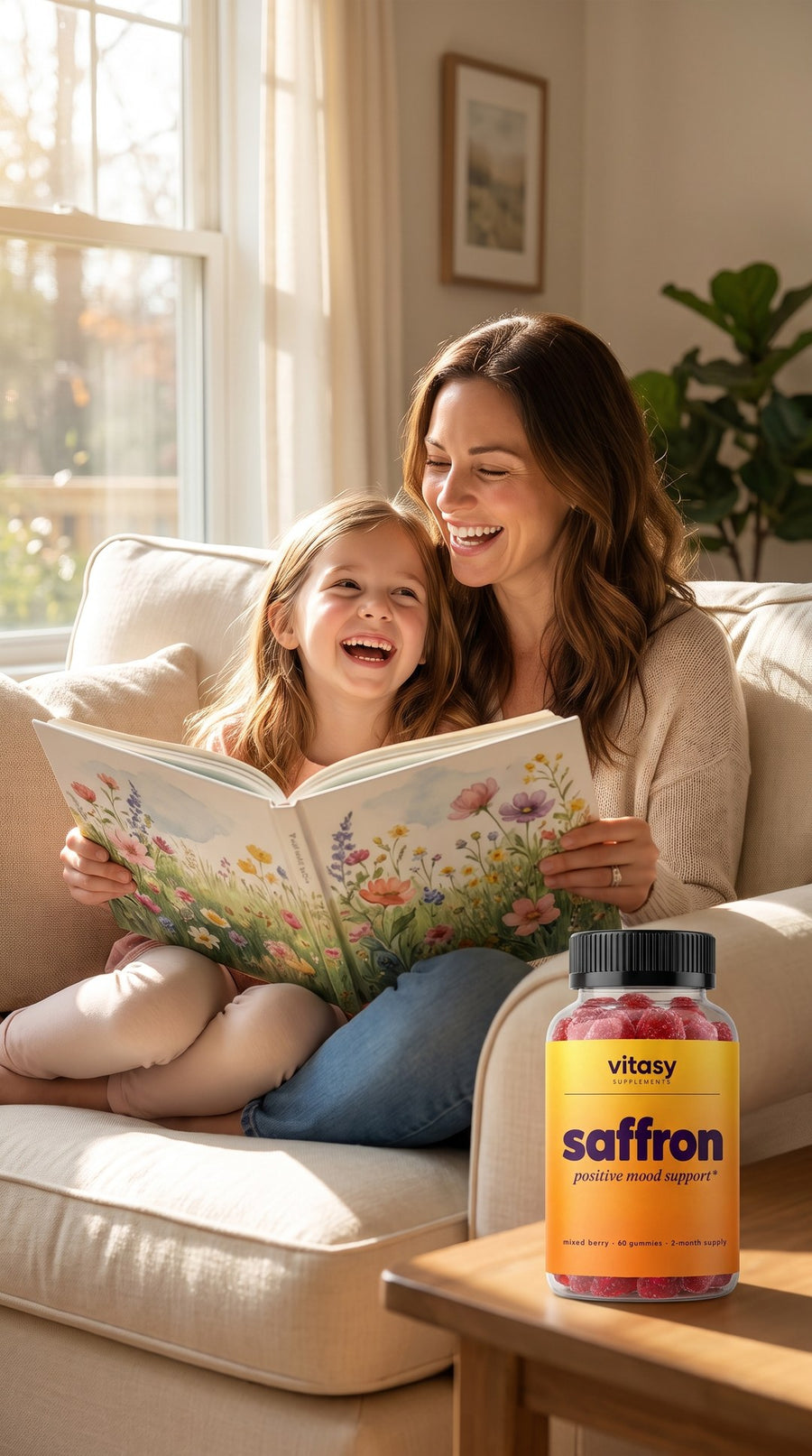 Mom and daughter on the sofa with a picture book, Vitasy Saffron Gummies on the side table