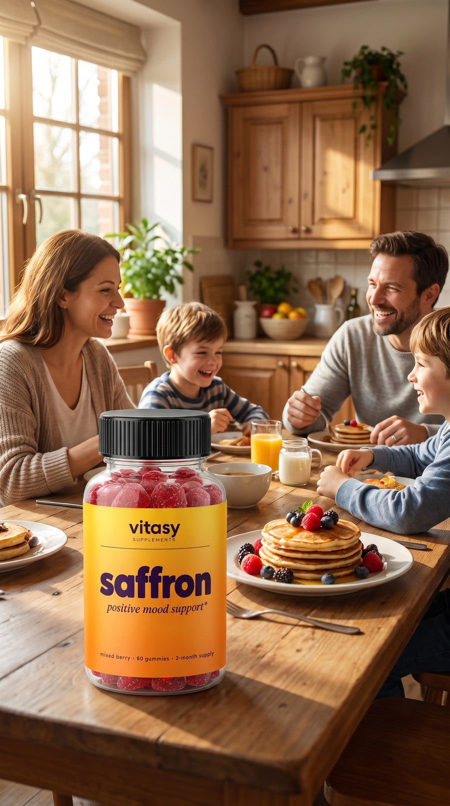 Family breakfast table with a bottle of Vitasy Saffron Gummies