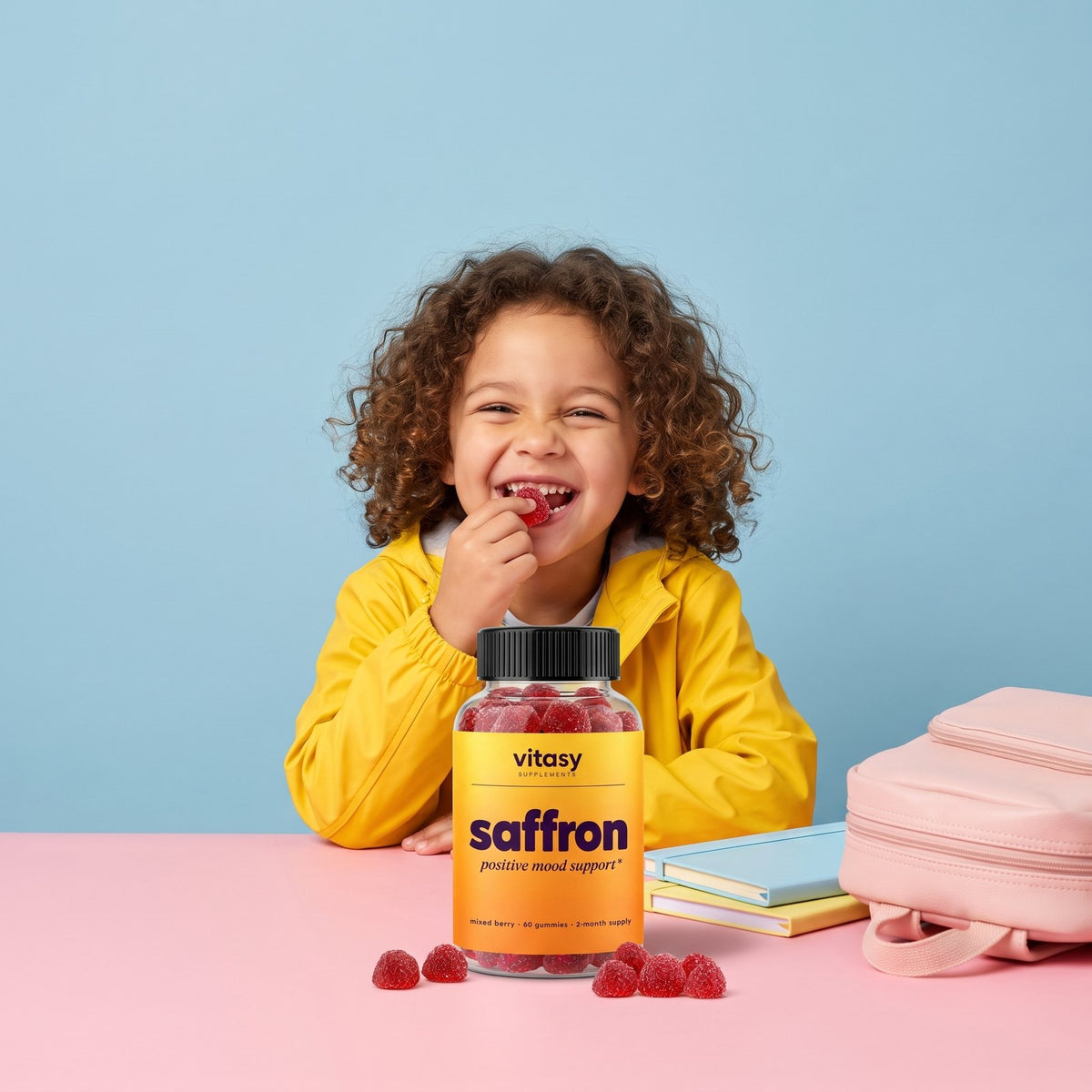Smiling child enjoying a mixed berry gummy at a pink table next to the Vitasy Saffron Gummies jar