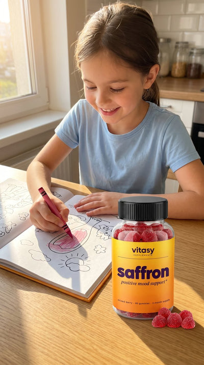 Child coloring at the kitchen table next to a jar of Vitasy Saffron Gummies