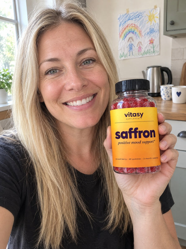 Mom holding a bottle of Vitasy Saffron Gummies in the kitchen