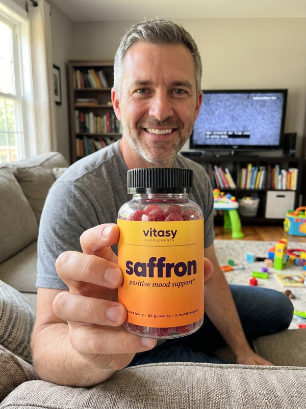 Dad holding a bottle of Vitasy Saffron Gummies in the living room
