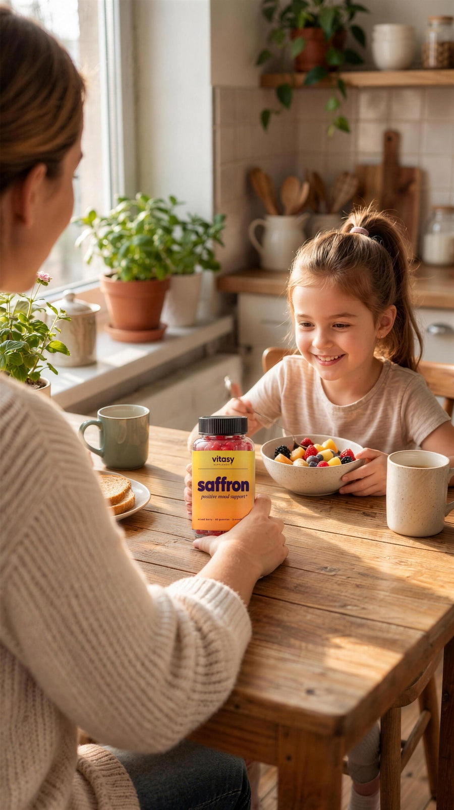 Parent holding a jar of Vitasy Saffron Gummies at the breakfast table while a child smiles