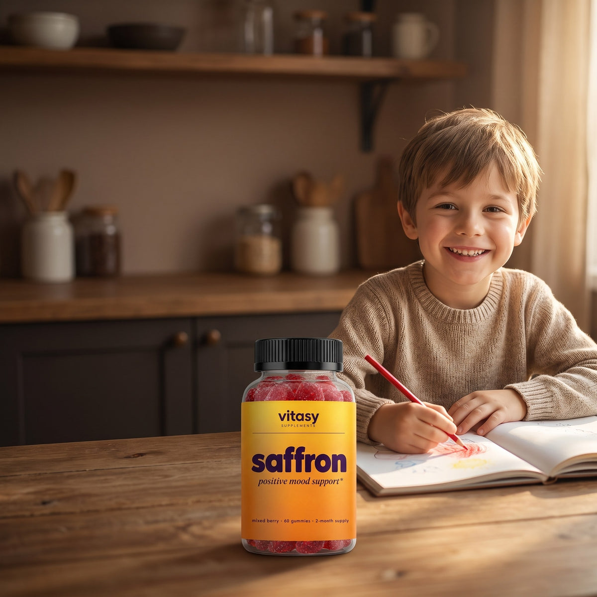 Smiling boy drawing at the kitchen table next to a bottle of Vitasy Saffron Gummies