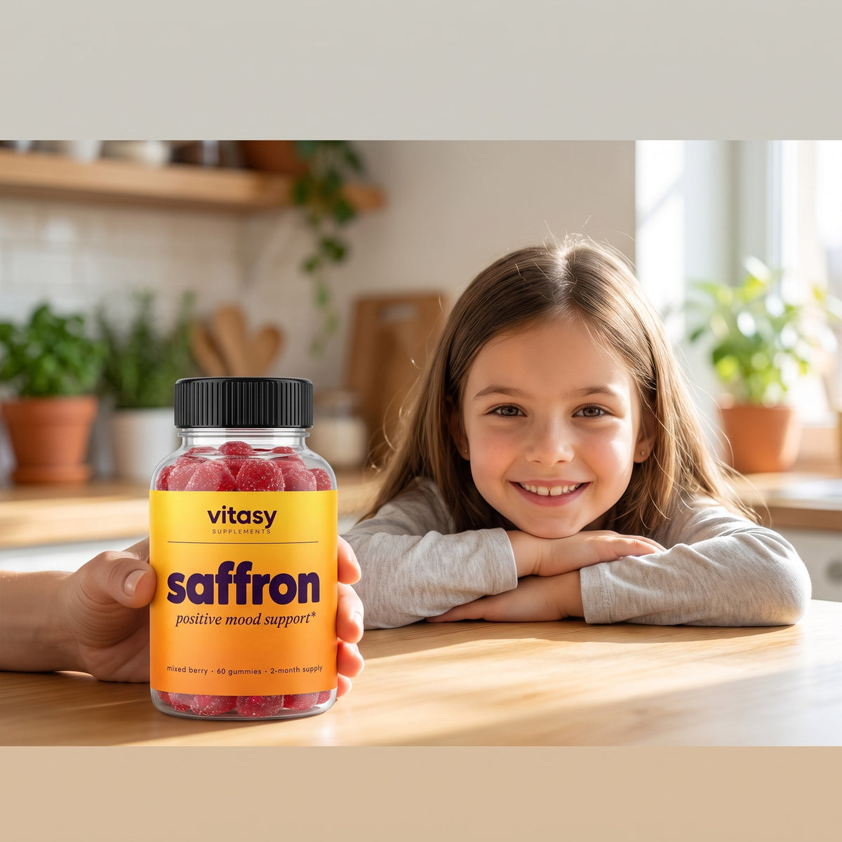 Smiling girl at the kitchen table while a parent holds a bottle of Vitasy Saffron Gummies