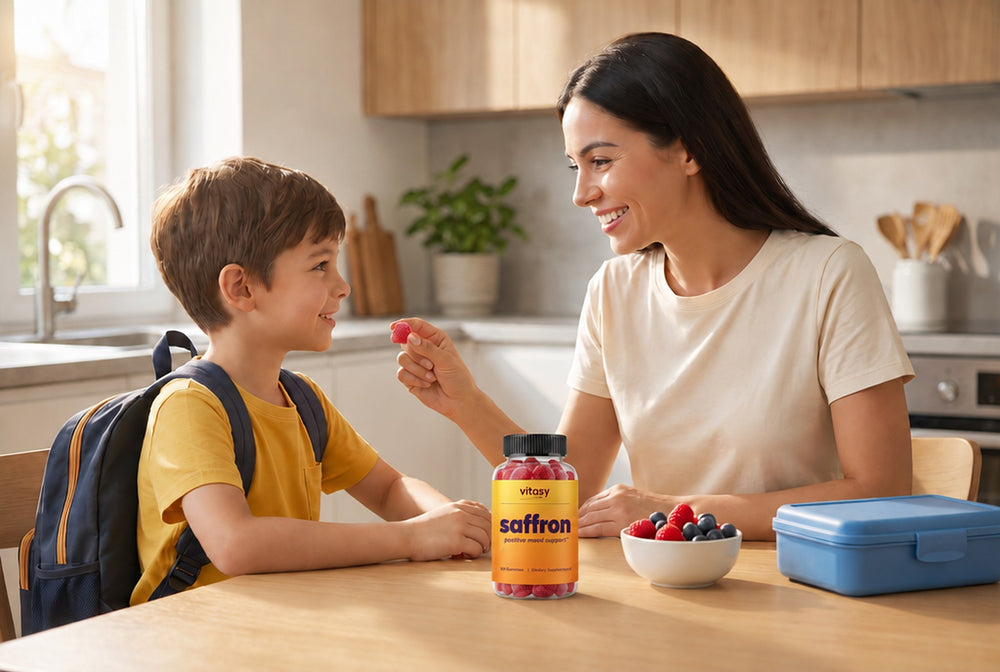 Mom giving her son his daily gummy at the breakfast table