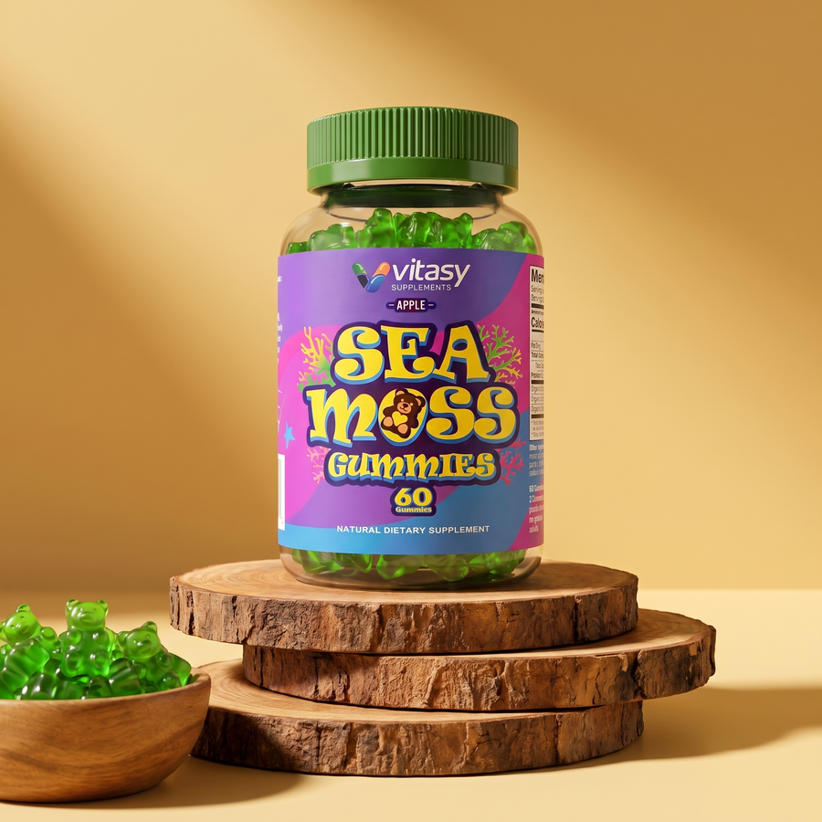 Vitasy Apple Sea Moss Gummies bottle with green gummies