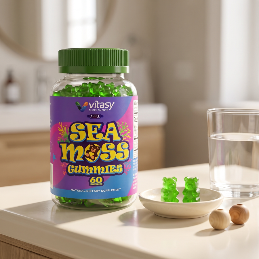Vitasy Sea Moss Gummies with two green gummies and water