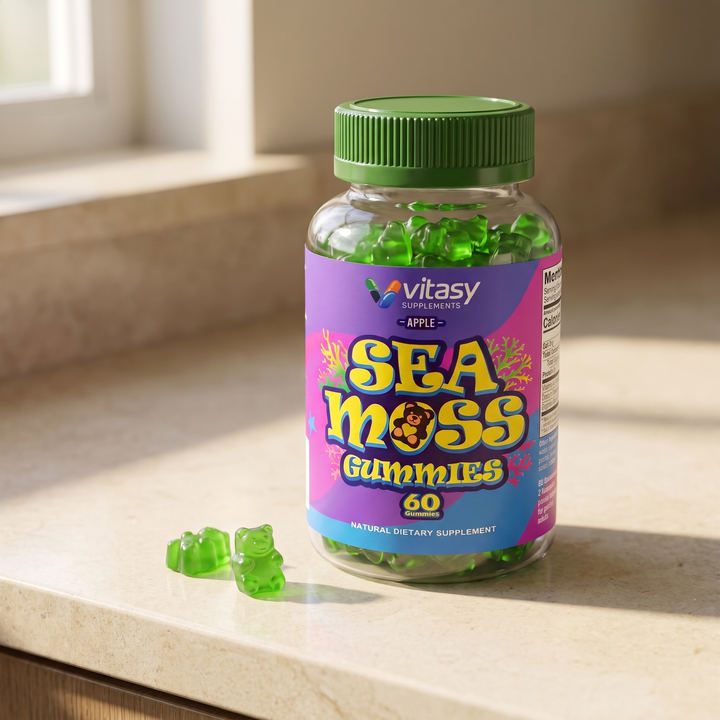 Vitasy Sea Moss Gummies bottle and green gummies in morning light
