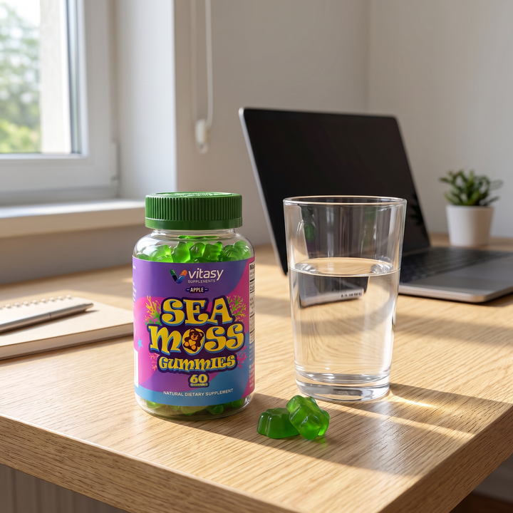 Vitasy Sea Moss Gummies bottle with water on a bright desk