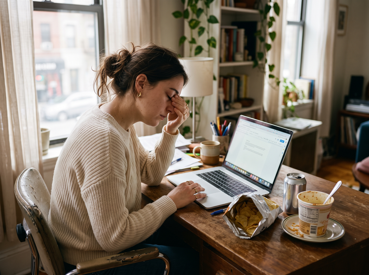 Tired woman at her desk with processed snacks