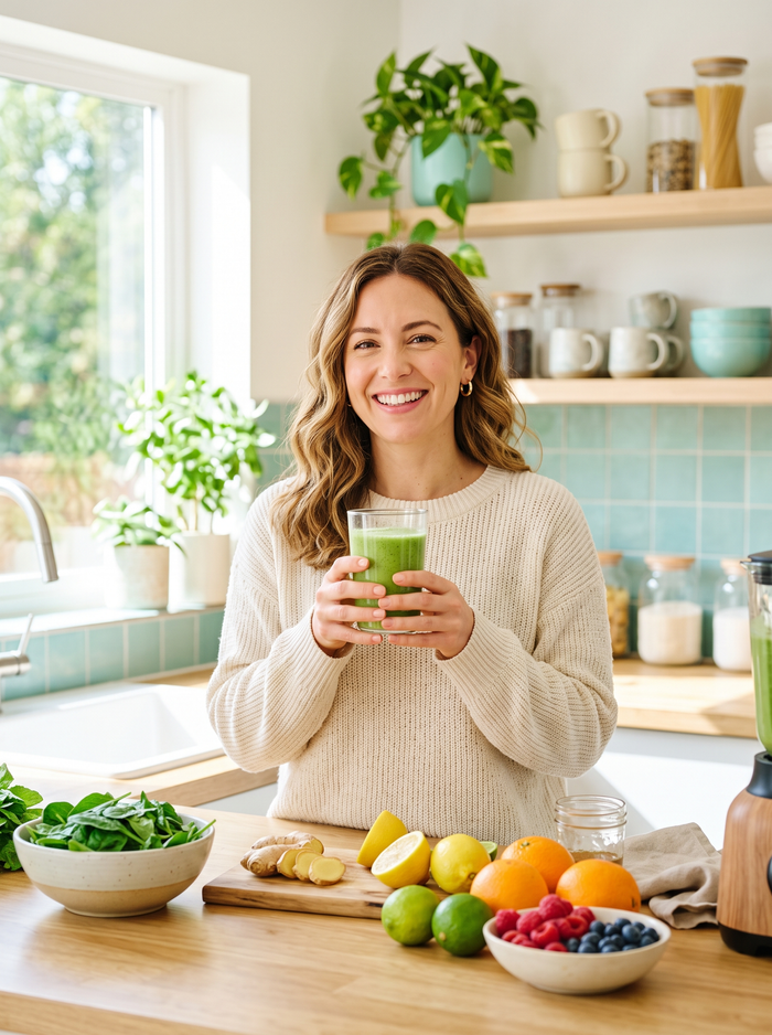 Woman with a green smoothie in a sunny kitchen