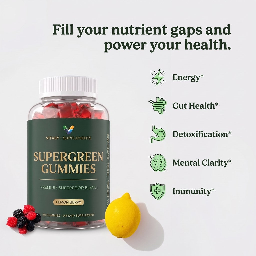 Supergreen Chlorophyll Gummies with Vitamins C, D3, E, B12 & Zinc - Energy and Gut Support - 100mg Chlorophyll Per Gummy - 60 Gummies, Sugar Free