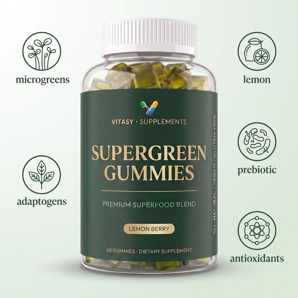 Supergreen Chlorophyll Gummies with Vitamins C, D3, E, B12 & Zinc - Energy and Gut Support - 100mg Chlorophyll Per Gummy - 60 Gummies, Sugar Free