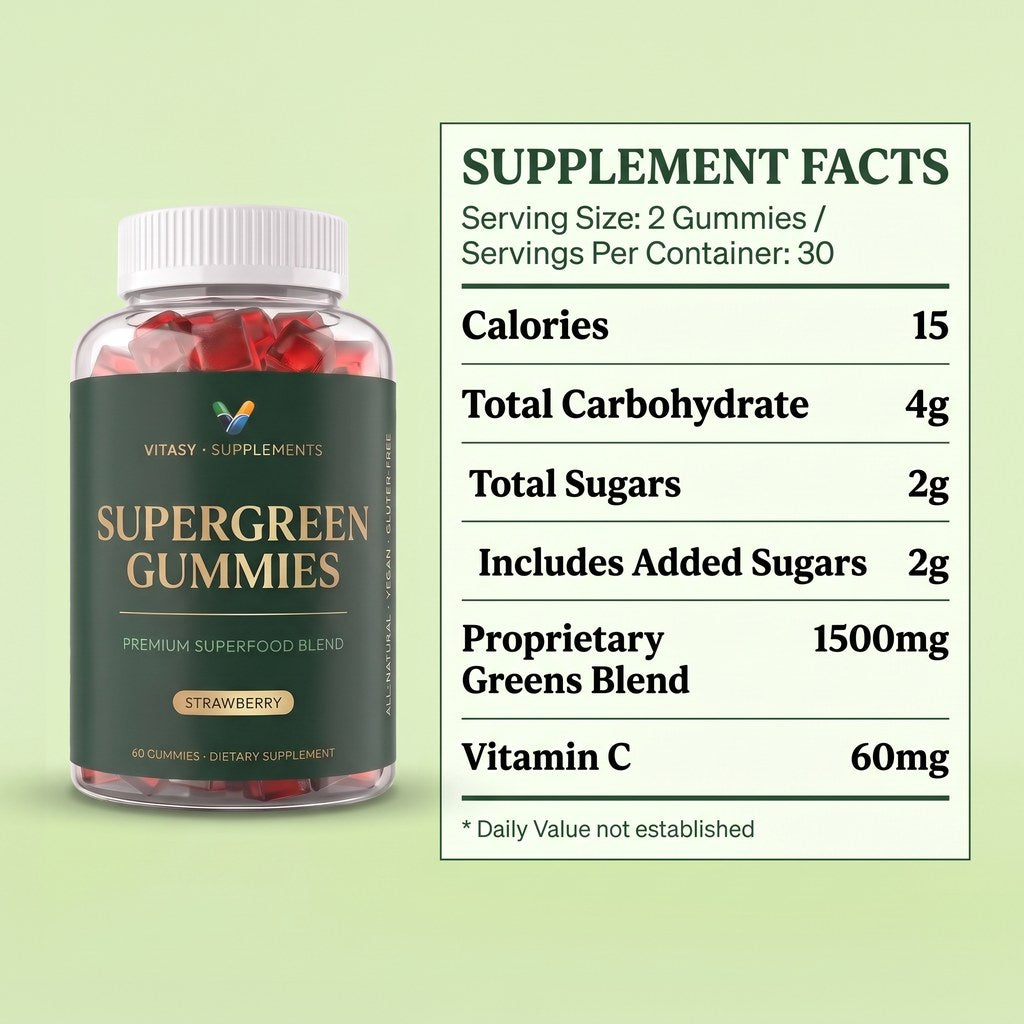 Supergreen Chlorophyll Gummies with Vitamins C, D3, E, B12 & Zinc - Energy and Gut Support - 100mg Chlorophyll Per Gummy - 60 Gummies, Sugar Free