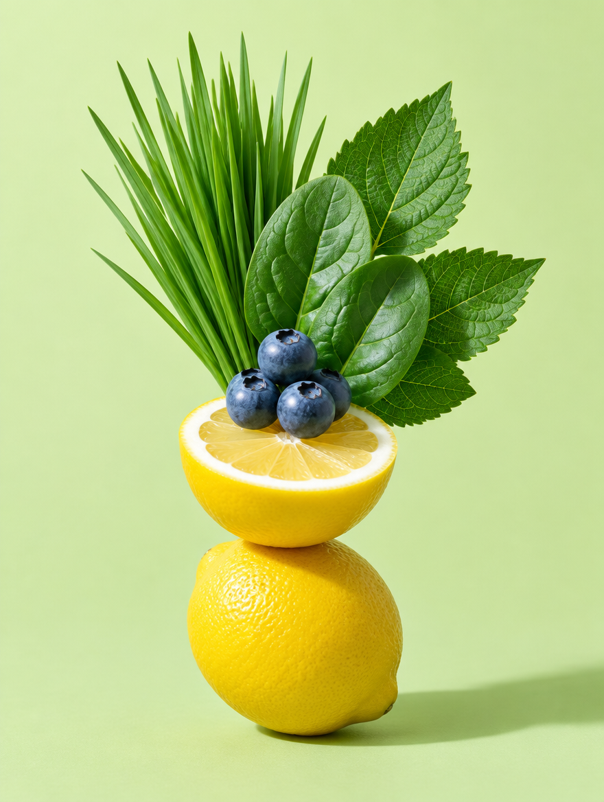 Lemon, blueberries and fresh greens