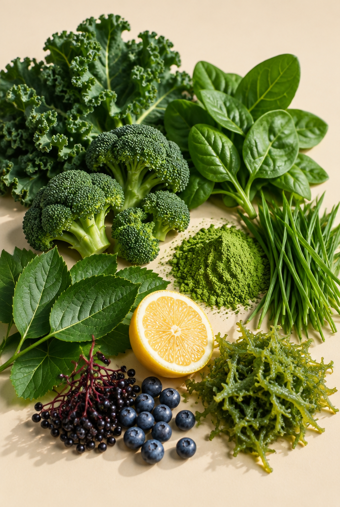 Fresh greens, lemon, berries and sea moss