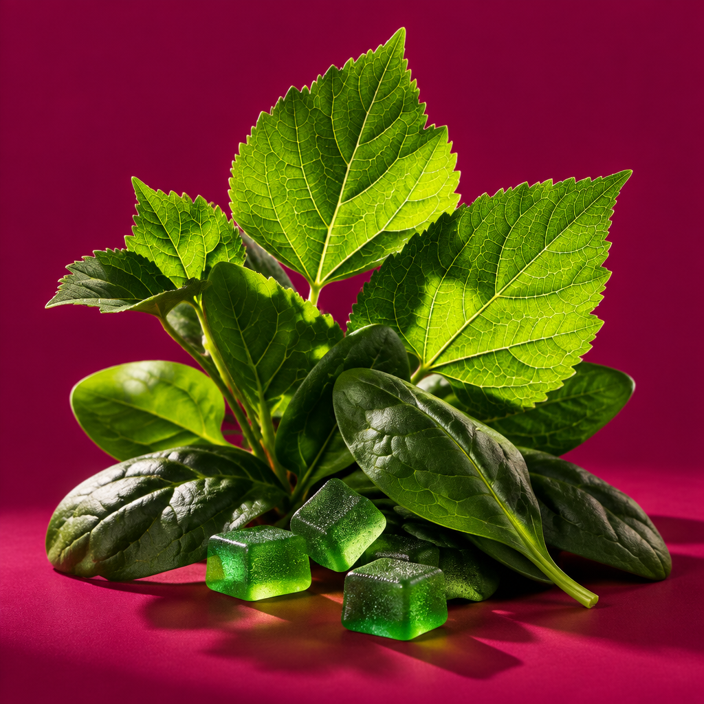 Fresh green leaves and green gummies on a berry background
